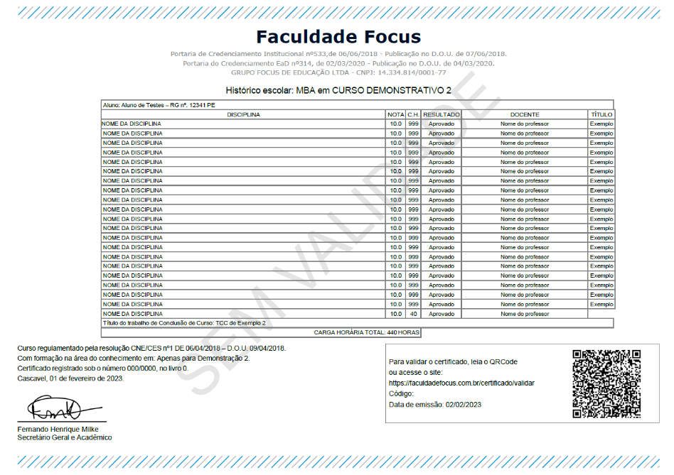 Modelo de histórico escolar — Faculdade Focus