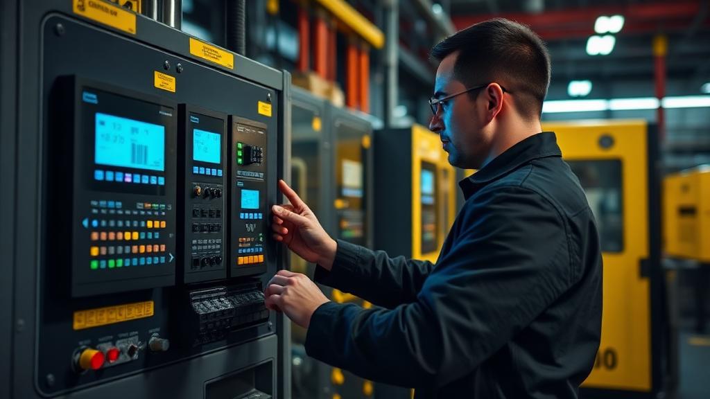 Engenheiro configurando CLP e sensores IoT em máquina real