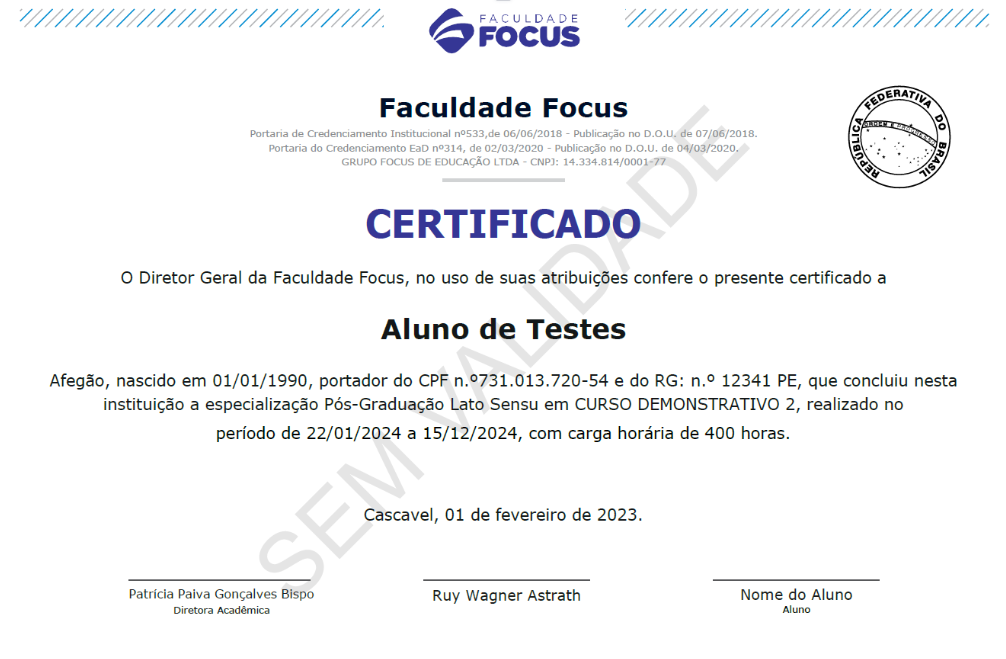 Modelo de certificado — Faculdade Focus